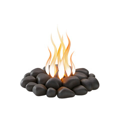 A 3D-rendered illustration of a campfire with flames rising from a bed of black rocks. The image has a transparent background.