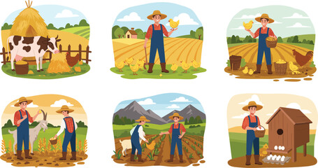 Farmer Caring for Animals and Harvesting Crops - Working with Chickens, Cows, Goats, and Growing Vegetables on Farm © MdAftab