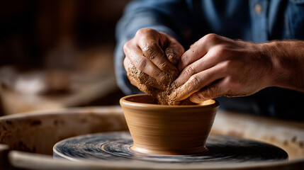 Unexpected angle through steam at a potter shaping clay on wheel, hands muddy. With copy space.