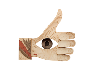 vintage paper cutting of a thumb with a eye on it on white background