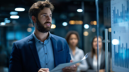 Glimpse through office door at boss presenting charts, team nodding, conference room. With copy space.