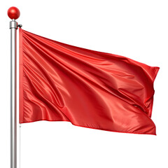 A vivid red flag waving in the wind, attached to a flagpole with a red ball finial at the top.