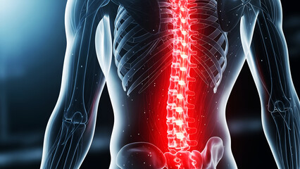 Human Spine with Red Glow Indicating Pain in Transparent Anatomy Visualization