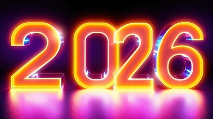 Vibrant 3D Neon 2026 Typography Featuring Glowing Orange and Yellow Light Tubes with Retro Blue Accents on a Reflective Dark Surface for New Year and Tech Concepts