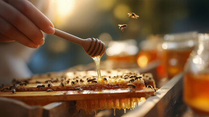 Low-view of a beekeeper harvesting honey, frames dripping, bees hovering. With copy space.
