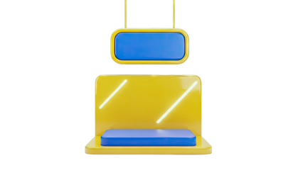 3D Rendered Yellow and Blue Product Display Stand with Hanging Sign