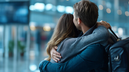 Glimpse through airport glass at travelers hugging goodbye, suitcases rolling, emotional farewell. With copy space.
