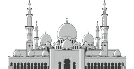 Grand Islamic Mosque with Domes and Minarets in Stylized Vector Illustration Representing Traditional Architecture, Religious Heritage, and Cultural Significance © MdAftab