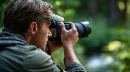 From behind a camera, photographer snapping wildlife, lens focusing, natural habitat. With copy space.