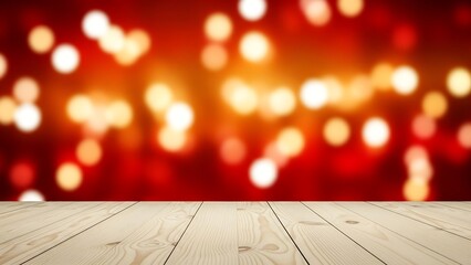 empty light wooden table on red background with yellow bokeh lights