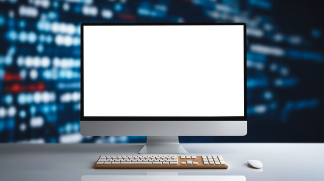 Modern desktop computer with blank white screen mockup on a table, with abstract blue coding background