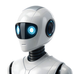 A 3D rendering of a futuristic robot head with a sleek, metallic design. The robot has glowing blue eyes and a circular sensor on the right side of its head. The background is transparent.