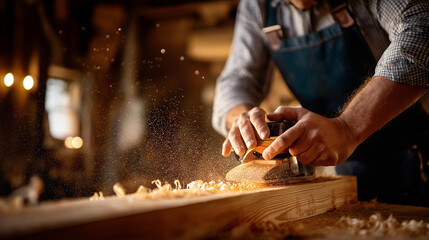 Unexpected peek into a workshop where a carpenter sands wood, shavings flying, tools organized. With copy space.
