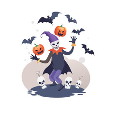 Halloween characters vector art of a sinister jester juggles skulls amidst a swarm of bats, creating a spooky and macabre scene vector