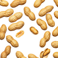 Photorealistic roasted golden-brown salted peanuts, scattered on stark white background, macro overhead view, clean studio lighting, healthy snack concept