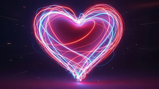 Glowing red and blue neon heart shape formed by light trails against dark background love - Powered by Adobe