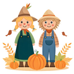 A charming illustration featuring two scarecrows standing among pumpkins and autumn leaves, with birds perched nearby.