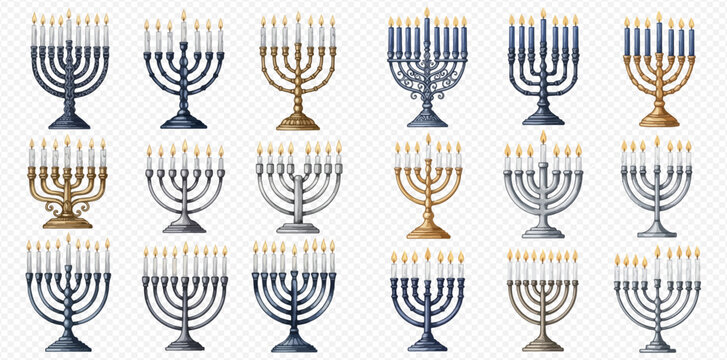 Collection of various Hanukkah menorah designs with lit candles, celebrating the Jewish holiday festival of lights.