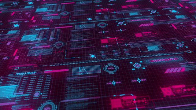 Dynamic digital interface with vibrant pink and cyan glowing presenting abstract data visualizations, progress indicators, and code on a dark grid, suggesting innovation