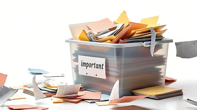 A transparent storage box overflowing with files labeled &ldquo;important&rdquo;, symbolizing digital hoarding