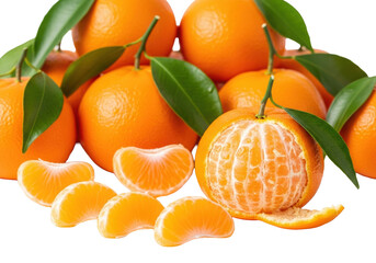 A vibrant pile of fresh orange mandarins with green leaves, one partially peeled revealing glistening juicy segments, on a transparent background, macro detail, inviting freshness and healthy appeal