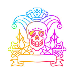 traditional tattoo with banner of a skull jester in bright neon color