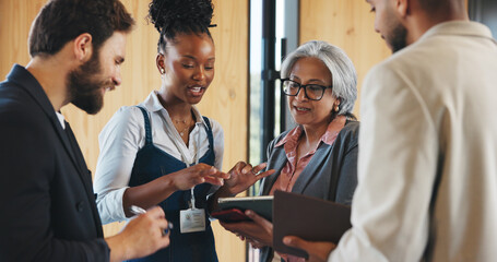 Business people, talking and networking at convention with tablet for workshop, expo and career growth. Seminar, group and discussion with tech for connection, collaboration and tradeshow feedback.