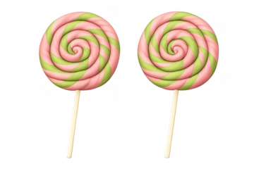 Pink and green swirl lollipops on sticks showing sweet sugar confectionery, food treat for children, transparent background