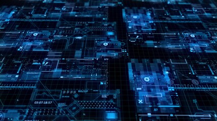 Intricate digital display showcasing a vast network of glowing blue circuits, data points, and abstract geometric forms on a dark grid, representing deep technological integration - Powered by Adobe