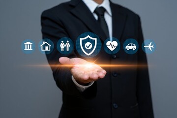 Businessman hand touching a virtual button on a high-tech touchscreen display representing success in global internet marketing and customer service management