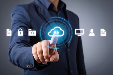 Businessman's finger touches a digital social network icon on a virtual touchscreen interface to symbolize successful business communication and future technology management