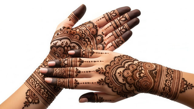 Elegant henna-decorated hands symbolizing Raksha Bandhan tradition and celebration on a clean white background with copy space