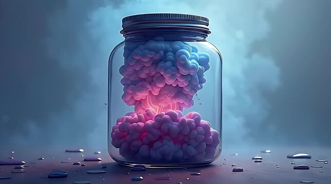 A thick glass jar compressing colorful smoke inside, symbolizing suppressed emotions and emotional pressure