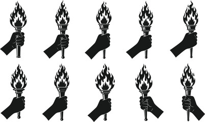 Collection of black silhouette hands holding flaming torches vector illustration set for sports competition victory leadership freedom and olympic game concepts. © MstRozinaAkter