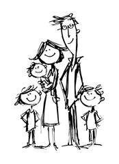 Obraz premium Happy stick figure family with parents and children in playful hand-drawn style