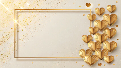 Gold paper cut hearts cascading down beside empty rectangular frame