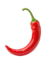 A single, vibrant red chili pepper with glossy skin and a fresh green stem, isolated against a transparent background with soft shadows, perfectly lit, concept of spicy culinary potential