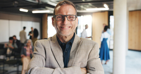 Portrait, conference hall or mature man with arms crossed, confident or professional for corporate training. Smile, seminar or speaker with pride for finance knowledge, staff development or meeting
