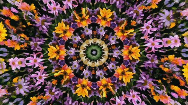 Kaleidoscope Mandala of Blooming Flowers, Symmetrical Rotating Pattern, Relaxing Trippy Seamless Loop Background