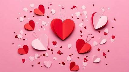 Colorful hearts decoration on pink background
