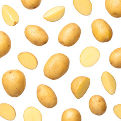 Obraz premium A collection of whole and sliced potatoes scattered on a transparent background.