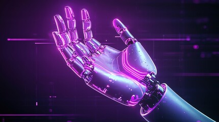 Futuristic Metallic Robotic Hand with Neon Light Effects in Digital Space