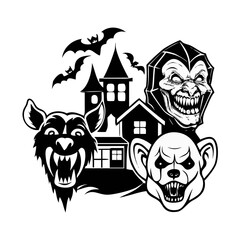 Halloween horror vector illustration, scary clown jester demon bat haunted house monster bear face, spooky black white cad drawing flat vector illustration See Less