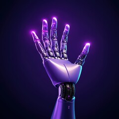 Futuristic Robotic Hand with Neon Lights on Dark Background