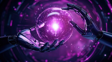 Futuristic Robot Hands Holding Energy Sphere in Abstract Digital Environment