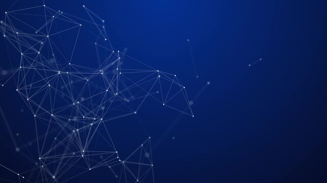 Intricate network of white glowing lines and nodes forming a complex web against a deep blue gradient background representing digital connections and data flow