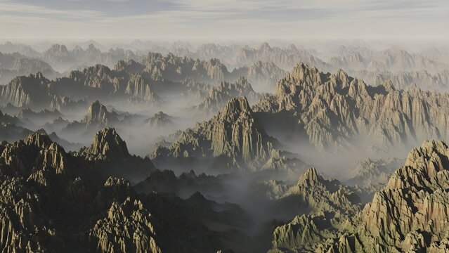 Dramatic rugged mountain range landscape with foggy misty valleys - Powered by Adobe