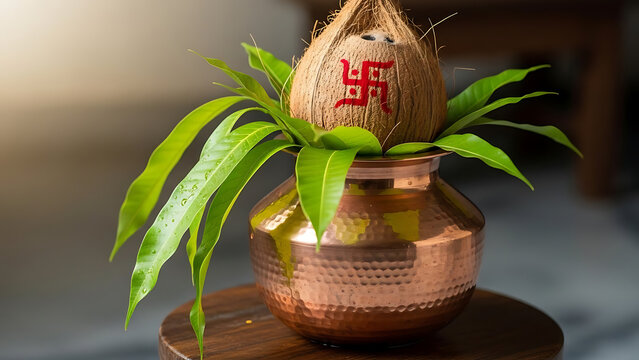  Traditional Copper Kalash with Mango Leaves and Coconut for Worship