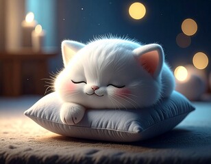 Cute Sleeping Cat Illustration Resting on a Soft Pillow