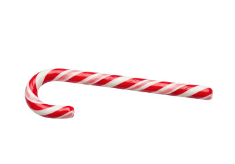 A single, pristine classic festive candy cane, vibrant glossy red and crisp white stripes in J-hook shape, isolated on seamless transparent background with copy space. Concept of holiday anticipation
